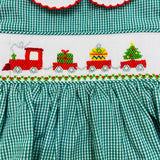 Petit Ami Green Gingham Smocked Christmas Train Dress