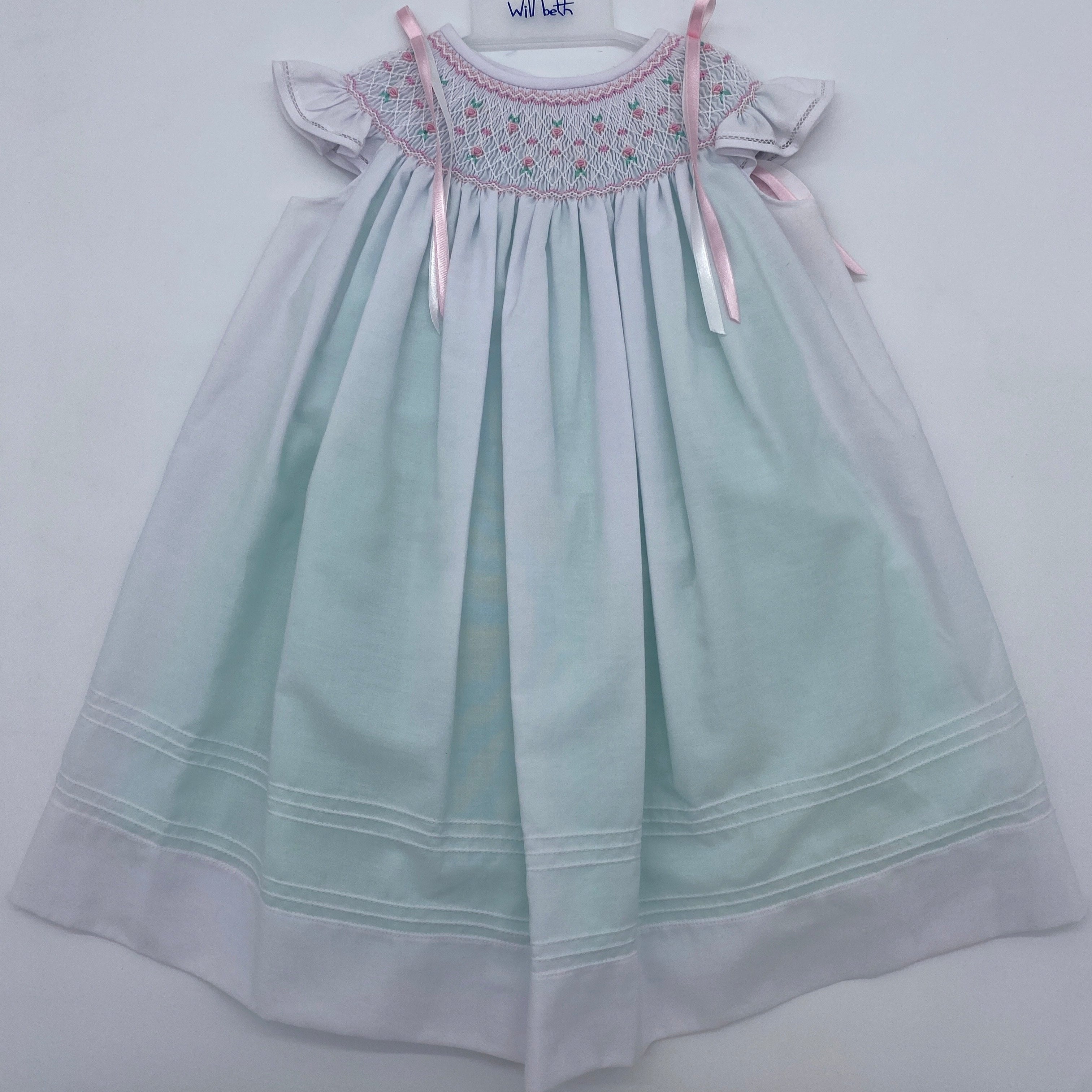 Will'beth 26564 Smocked Bishop Dress White/Mint/Pink 6 Will'beth 26564 Smocked Bishop Dress White/Mint/Pink 6