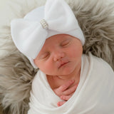 ilybean White Bow Hat with Pearl Rhinestone Center
