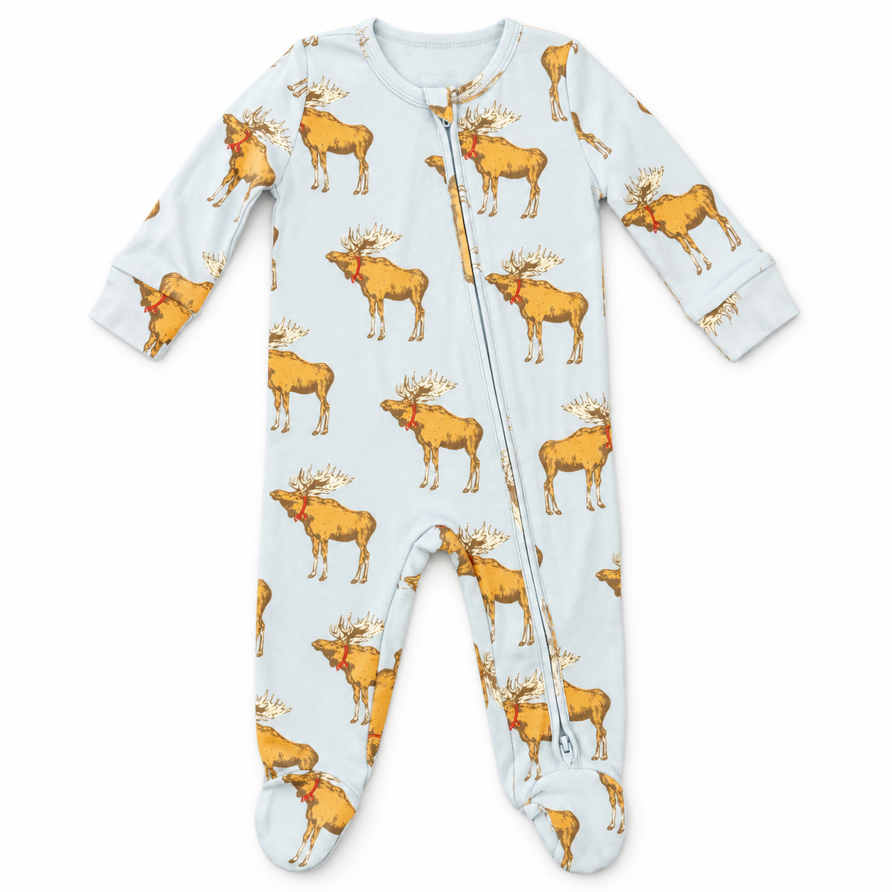 A baby footed one-piece sleeper with a light blue background and an all-over print of golden-brown moose. The sleeper features a front zipper and long sleeves and legs with feet.