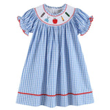 Lil Cactus Blue Gingham School Supplies Smocked Bishop Dress