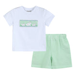 Lil Cactus Green Seersucker Shorts & Easter Bunny Smocked Shirt Set