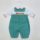 Petit Ami Green Gingham Smocked Christmas Train Jon Jon