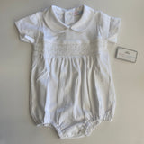 Baby Loren Tim White Short Sleeve Hand Smocked Pima Bubble