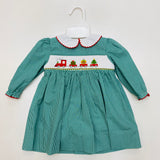 Petit Ami Green Gingham Smocked Christmas Train Dress