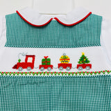 Petit Ami Green Gingham Smocked Christmas Train Jon Jon