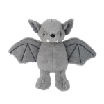 A gray plush bat toy with textured wings, small white fangs, and a black nose, photographed against a plain white background.