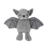 A gray plush bat toy with textured wings, small white fangs, and a black nose, photographed against a plain white background.