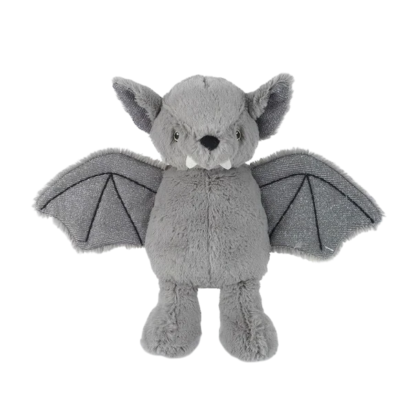 A gray plush bat toy with textured wings, small white fangs, and a black nose, photographed against a plain white background.