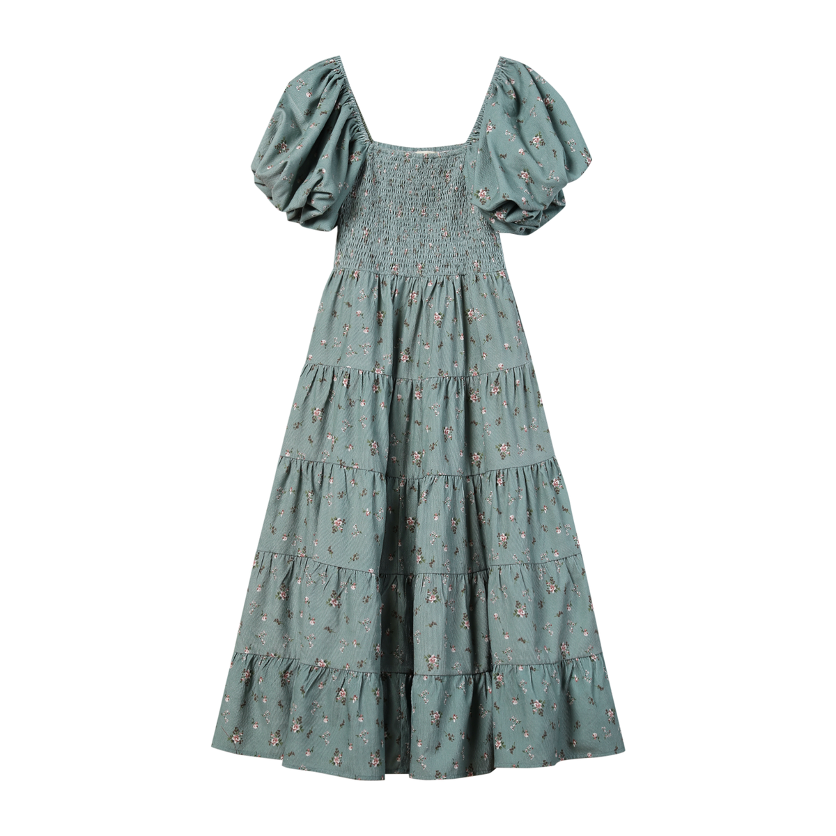 A sage green tiered maxi dress with a small floral print, featuring puff sleeves and a smocked bodice, shown against a plain white background.