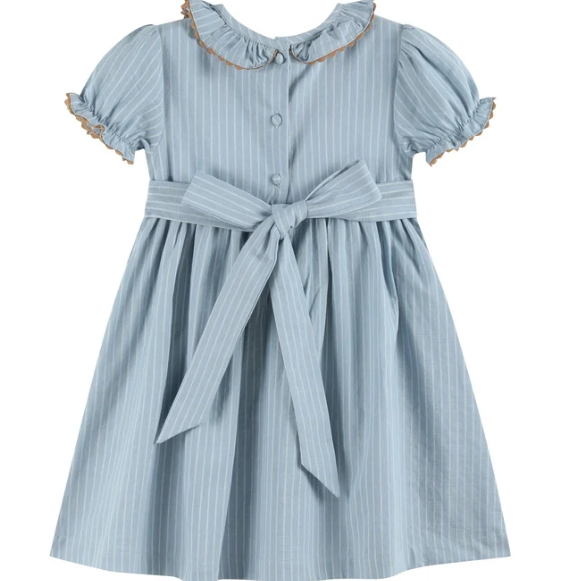 A light blue and white vertically striped baby girl's dress with short puff sleeves, a ruffled collar trimmed in gold, a button front, and a matching fabric tie belt at the waist.