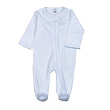 Baby Loren White Zipper Footie with Blue  Picot Trim
