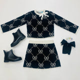 Abel & Lula Tricot Skirt Set Black and White Bows