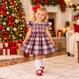 Hope & Henry Organic Smocked Puff Sleeve Dress Holiday Tartan