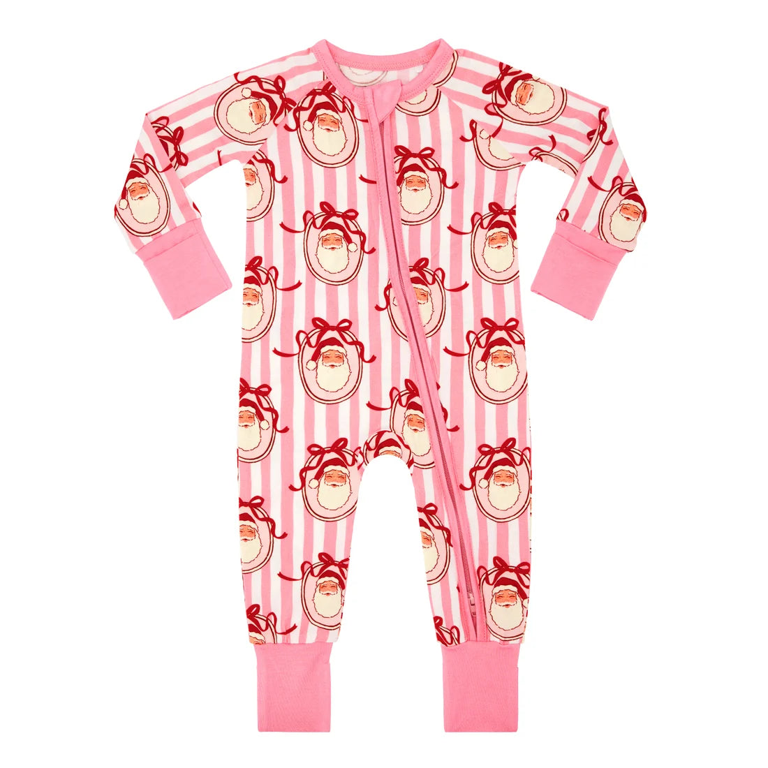 Pink baby footed sleeper with long sleeves, a front zipper, and an all-over print of Santa Claus faces on pink and white vertical stripes.