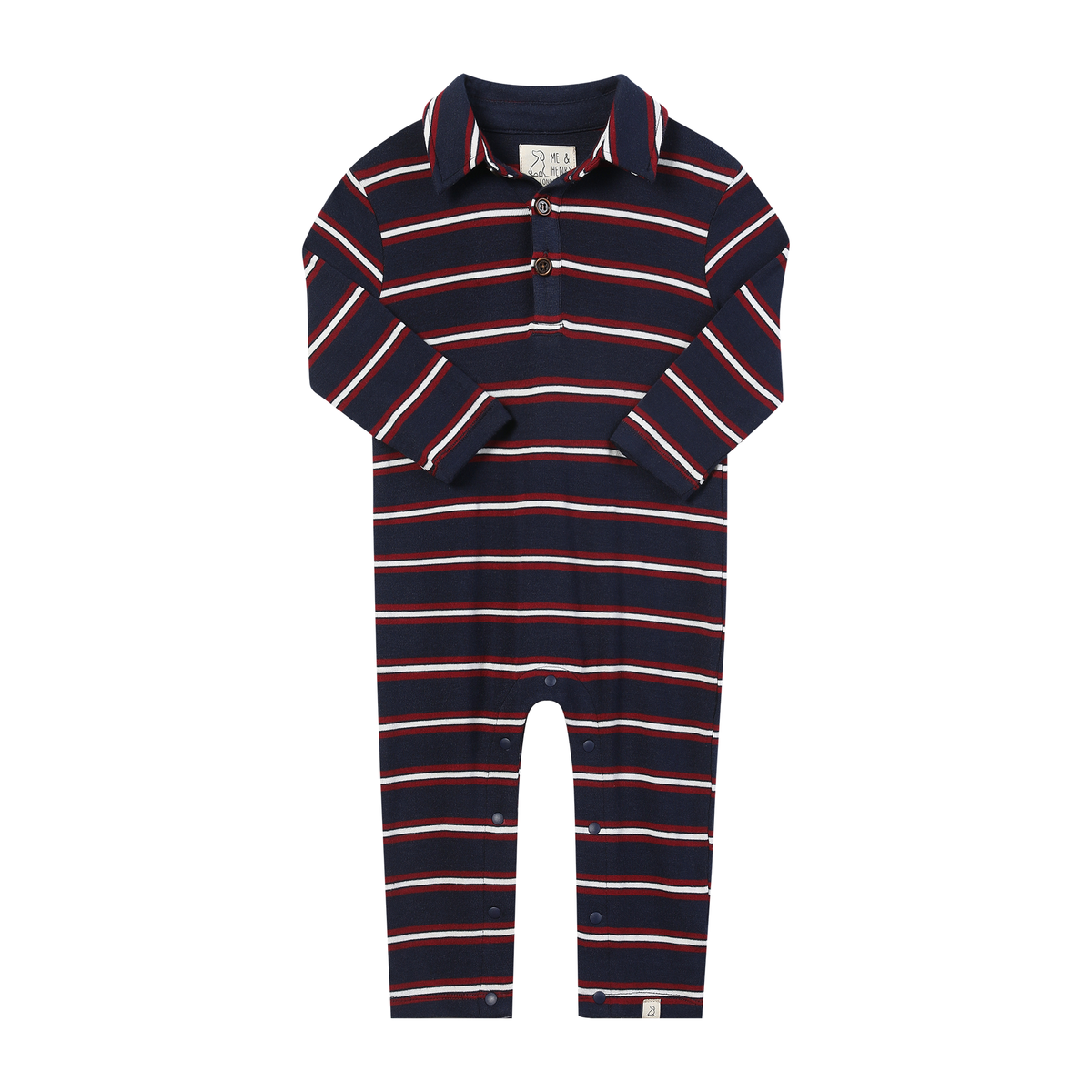 A long-sleeve baby romper with horizontal navy blue, red, and white stripes, featuring a polo-style collar and snap-button placket.