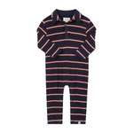 A long-sleeve baby romper with horizontal navy blue, red, and white stripes, featuring a polo-style collar and snap-button placket.