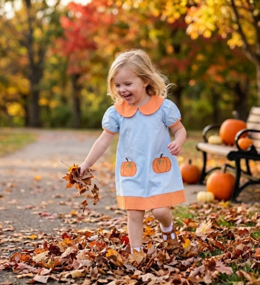 A young girl with blonde hair smiling and playing in a pile of autumn leaves on a path, wearing a light blue dress with orange trim and pumpkin appliques. Pumpkins and a bench are visible in the background with colorful fall trees.