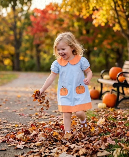 A young girl with blonde hair smiling and playing in a pile of autumn leaves on a path, wearing a light blue dress with orange trim and pumpkin appliques. Pumpkins and a bench are visible in the background with colorful fall trees.