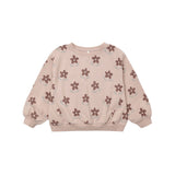 A light pink long-sleeve sweatshirt with an all-over brown floral pattern, displayed flat against a solid white background.