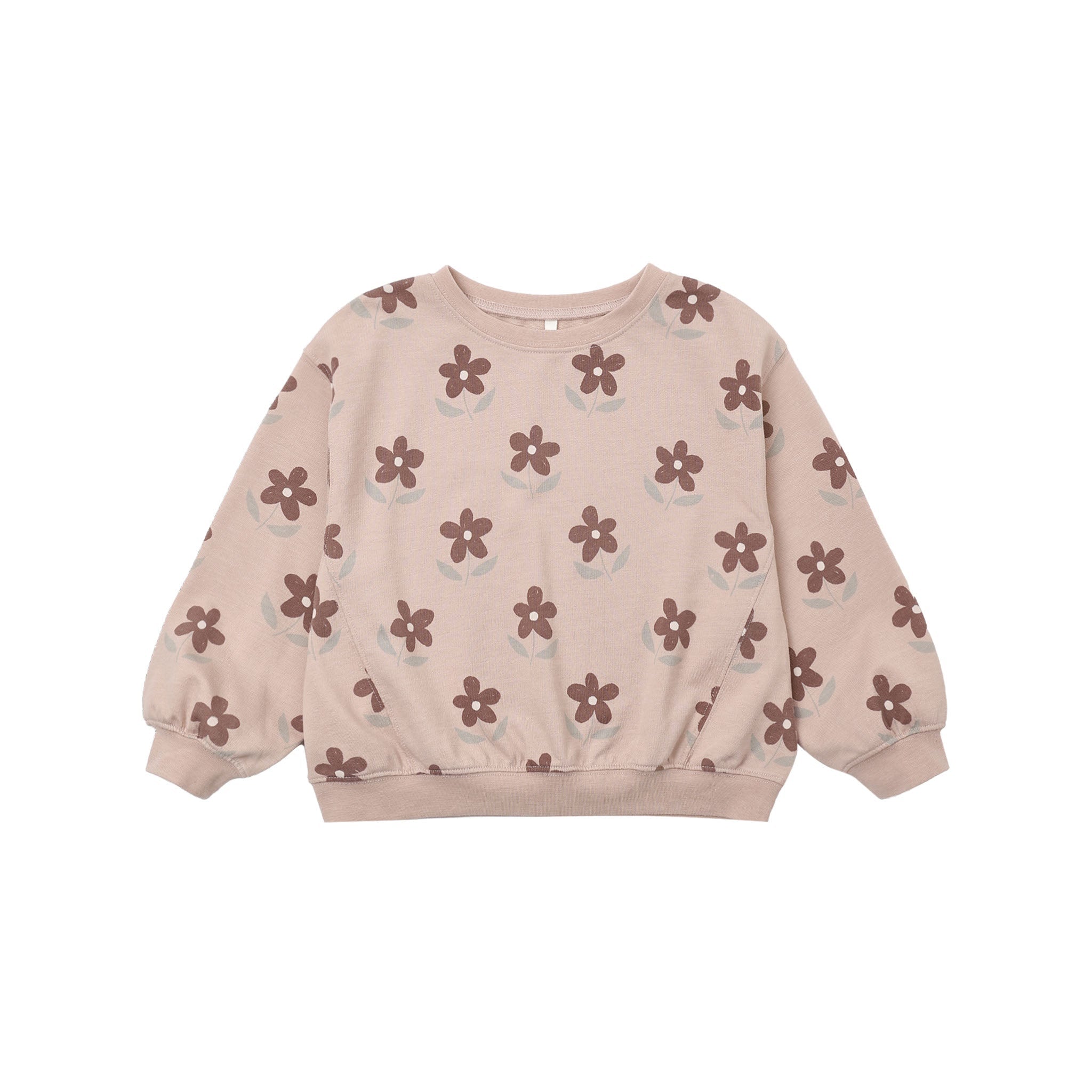 A light pink long-sleeve sweatshirt with an all-over brown floral pattern, displayed flat against a solid white background.