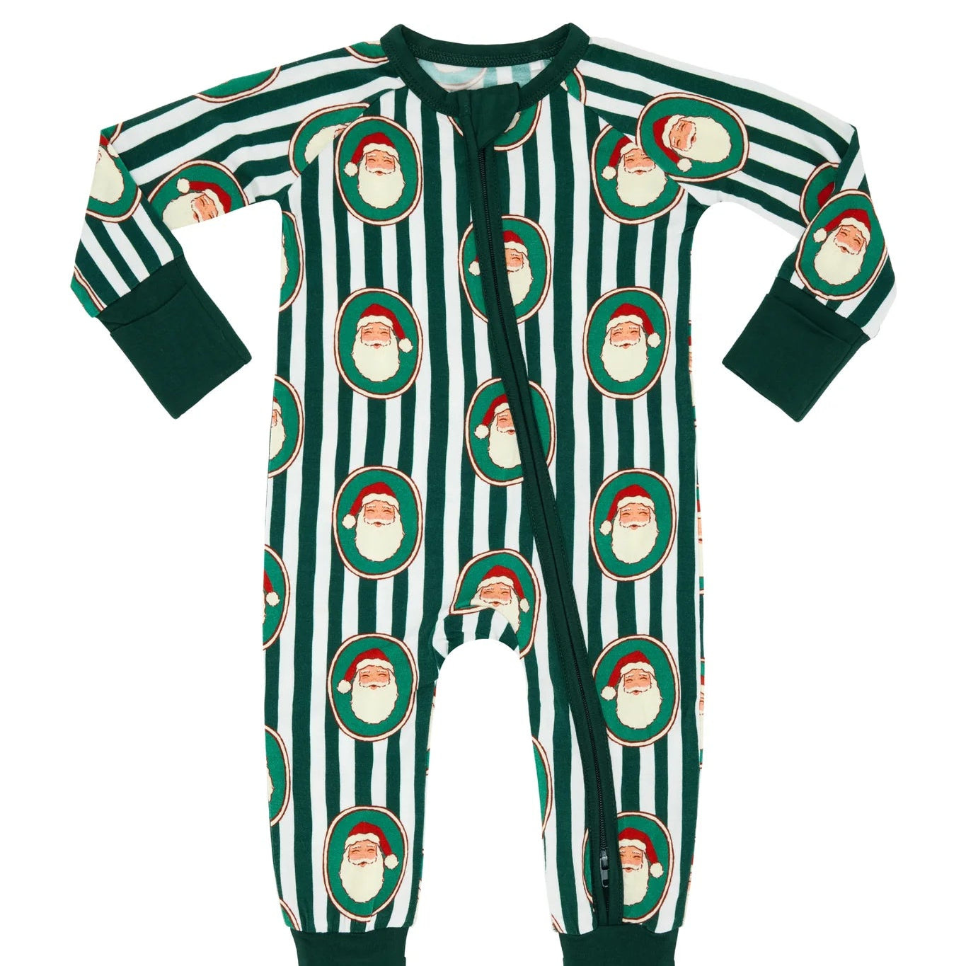 A long-sleeve baby footed sleeper with a festive pattern of dark green and white vertical stripes, accented by circular Santa Claus faces in the center of each stripe. The sleeves, cuffs, and leg cuffs are solid dark green.