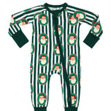 A long-sleeve baby footed sleeper with a festive pattern of dark green and white vertical stripes, accented by circular Santa Claus faces in the center of each stripe. The sleeves, cuffs, and leg cuffs are solid dark green.