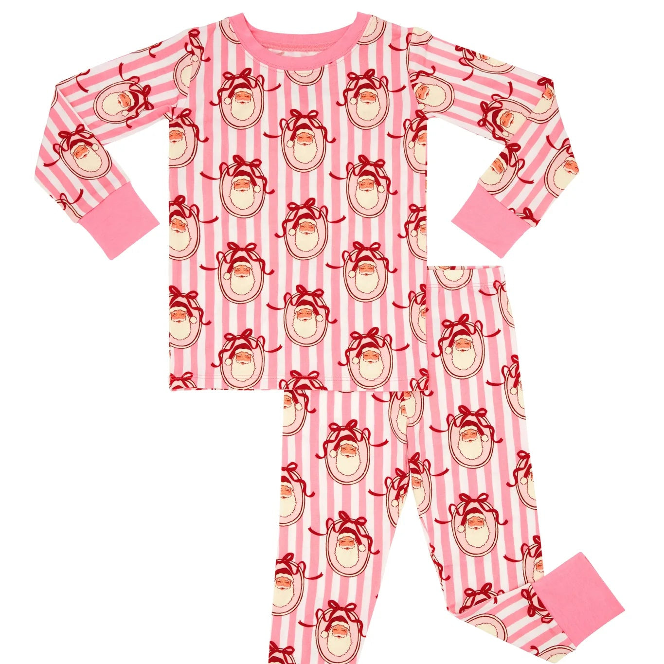 A two-piece children's pajama set featuring a pink and white striped pattern with cartoon monkey faces wearing red bows, complete with solid pink cuffs and collar.