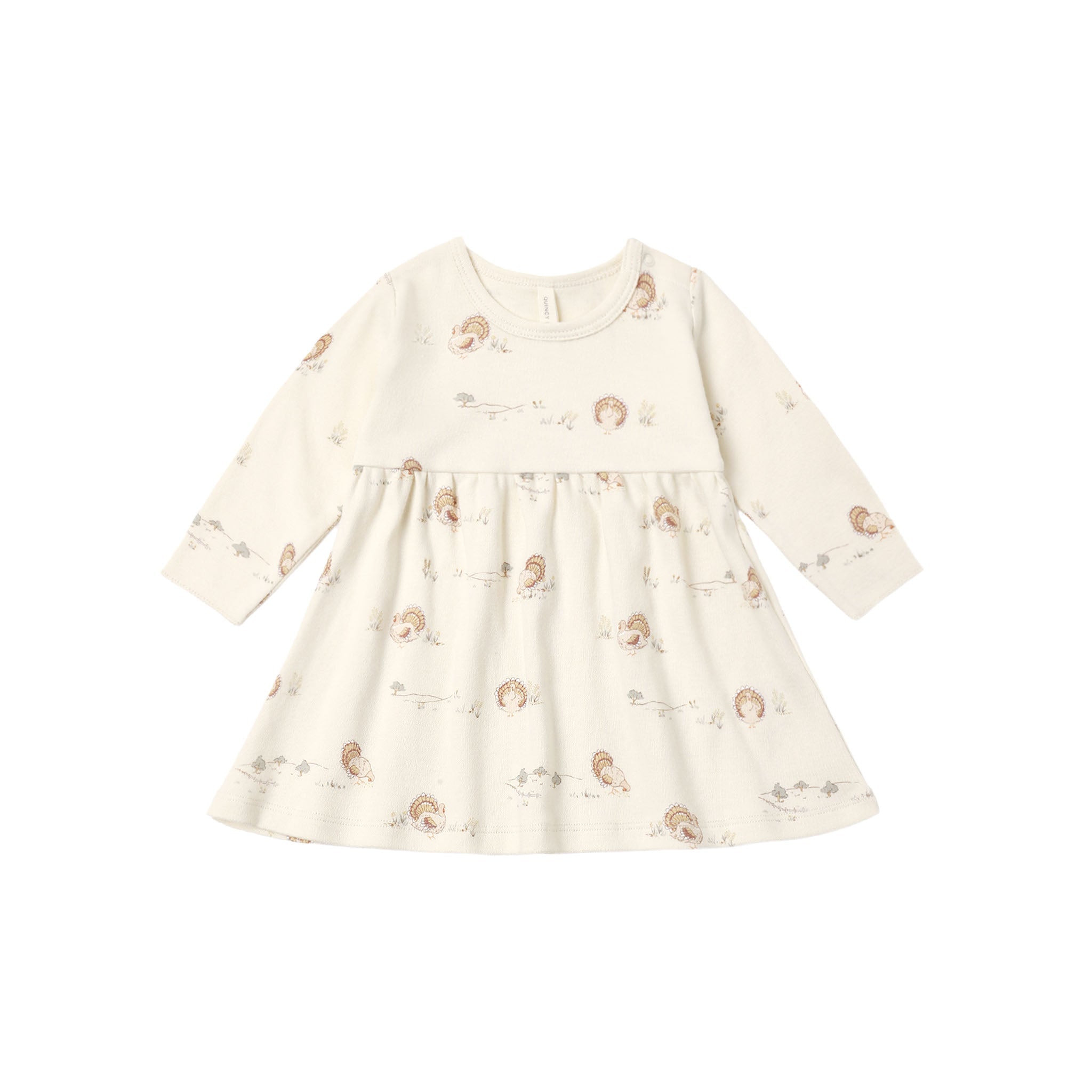 A babydoll dress featuring a minimalist all-over print of turkeys and wildflowers. 