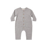 Navy and white checkered baby romper on a white background