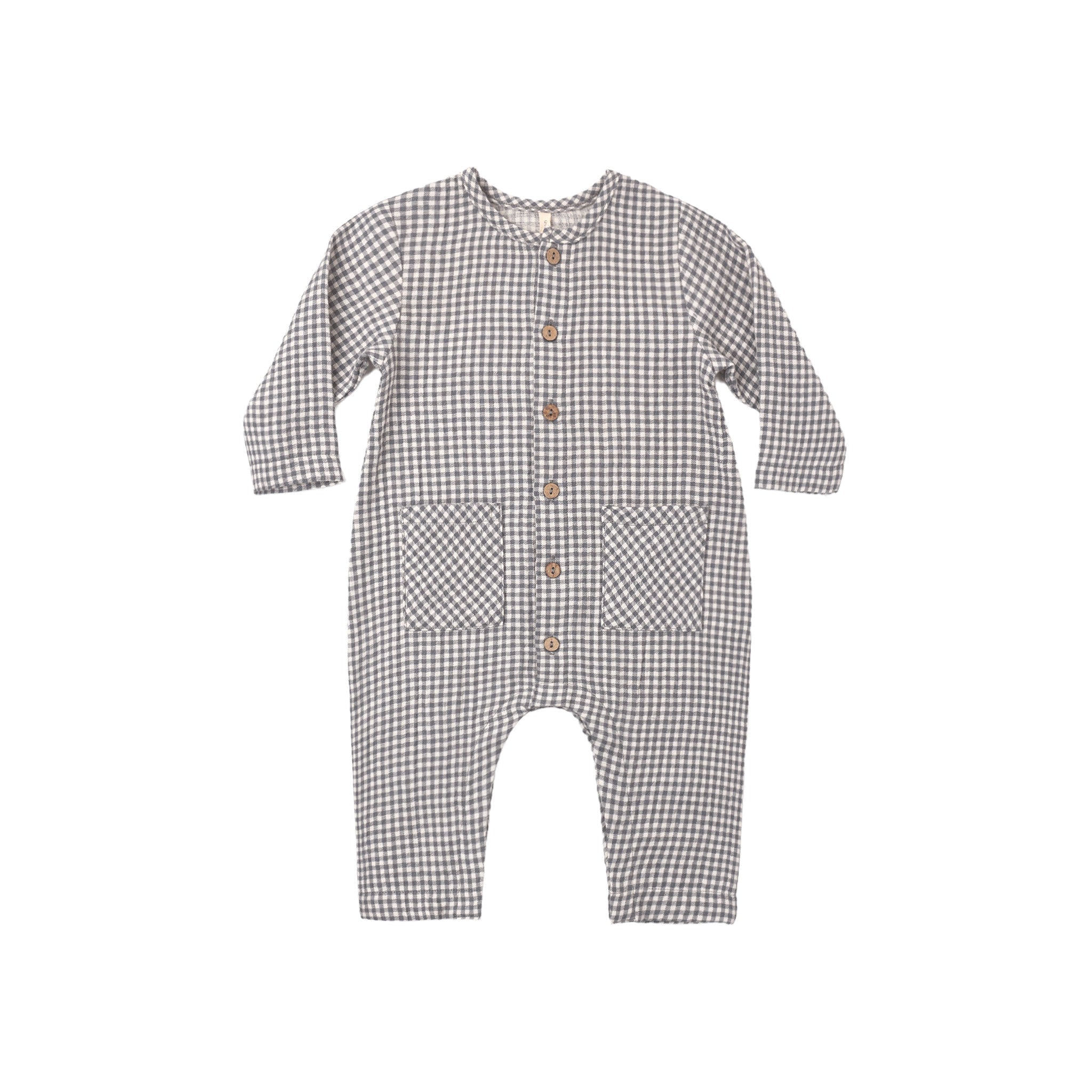 Navy and white checkered baby romper on a white background