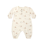 A baby long-sleeve footless romper in cream with a small brown and beige animal print, featuring a snap-button henley neckline and elastic cuffs.