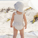 Quincy Mae Smocked One Piece Swimsuit Blue + Butterscotch Stripe