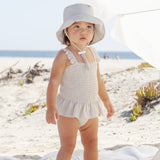 Quincy Mae Smocked One Piece Swimsuit Blue + Butterscotch Stripe