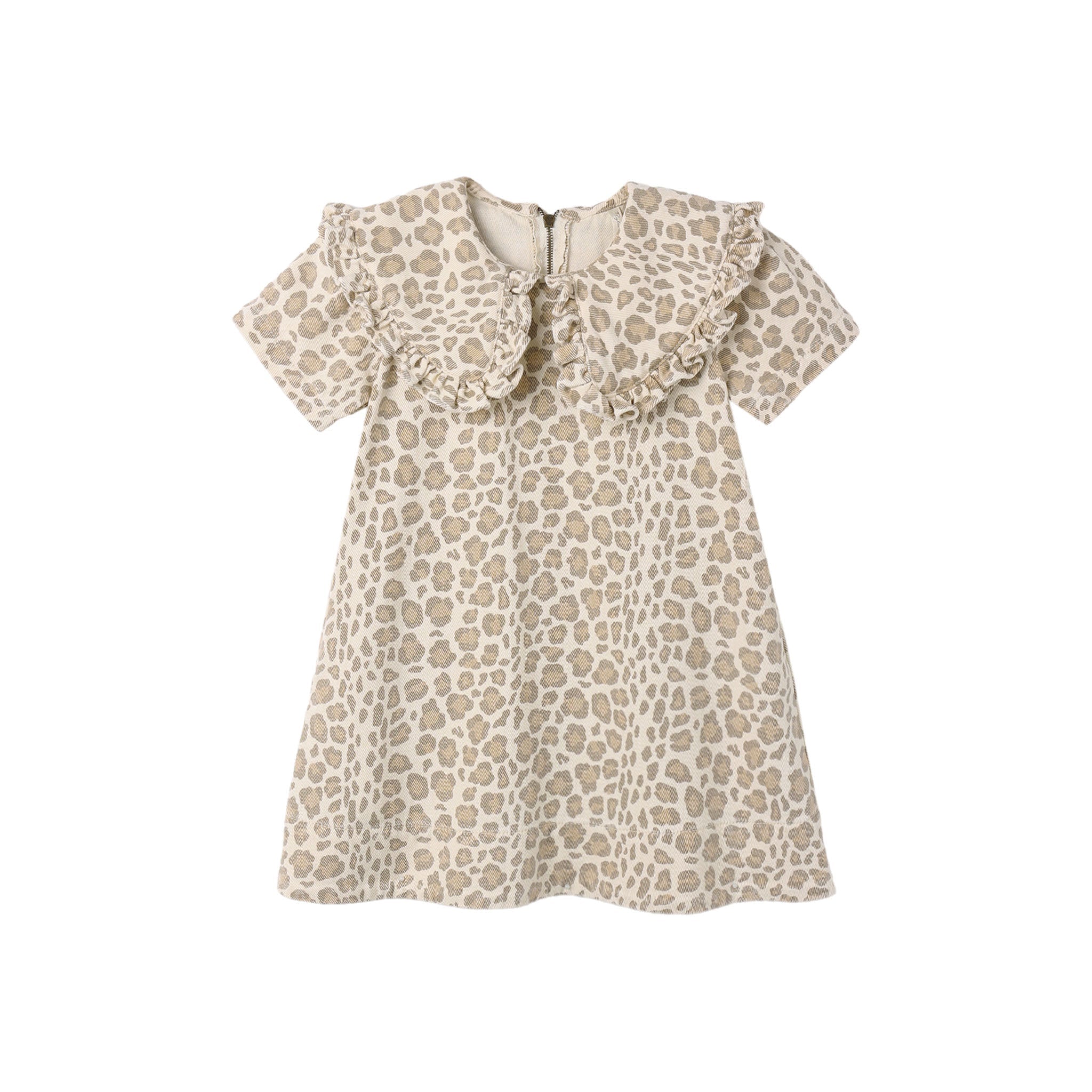 A short-sleeve babydoll dress with a beige and brown leopard print pattern, featuring a ruffled collar and ruffle trim along the neckline.