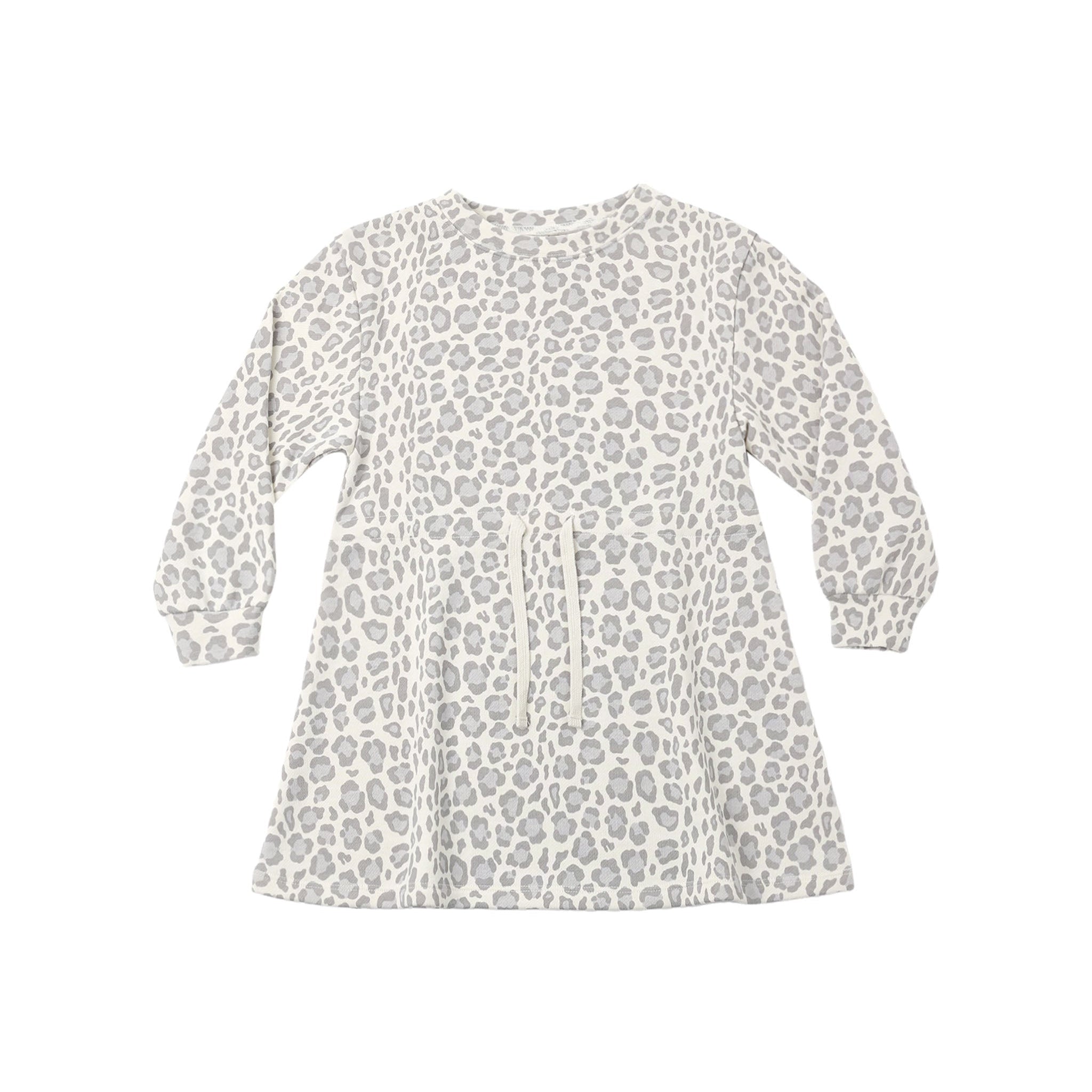 A long-sleeve babydoll dress with a gray and off-white leopard print pattern, featuring a drawstring waist and button details on the front, shown against a plain white background.