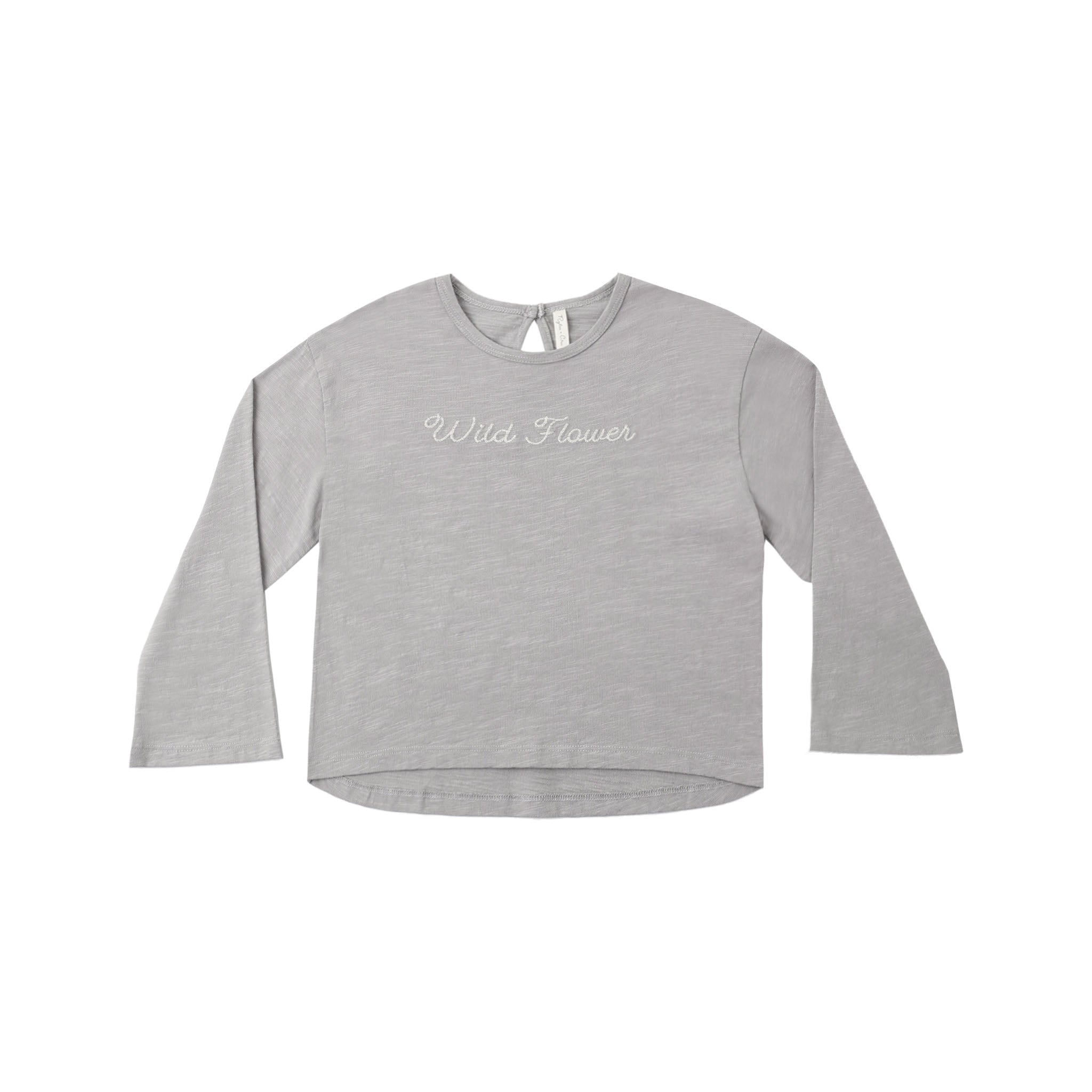 Gray long-sleeve shirt with 'Wild Flower' text on a white background