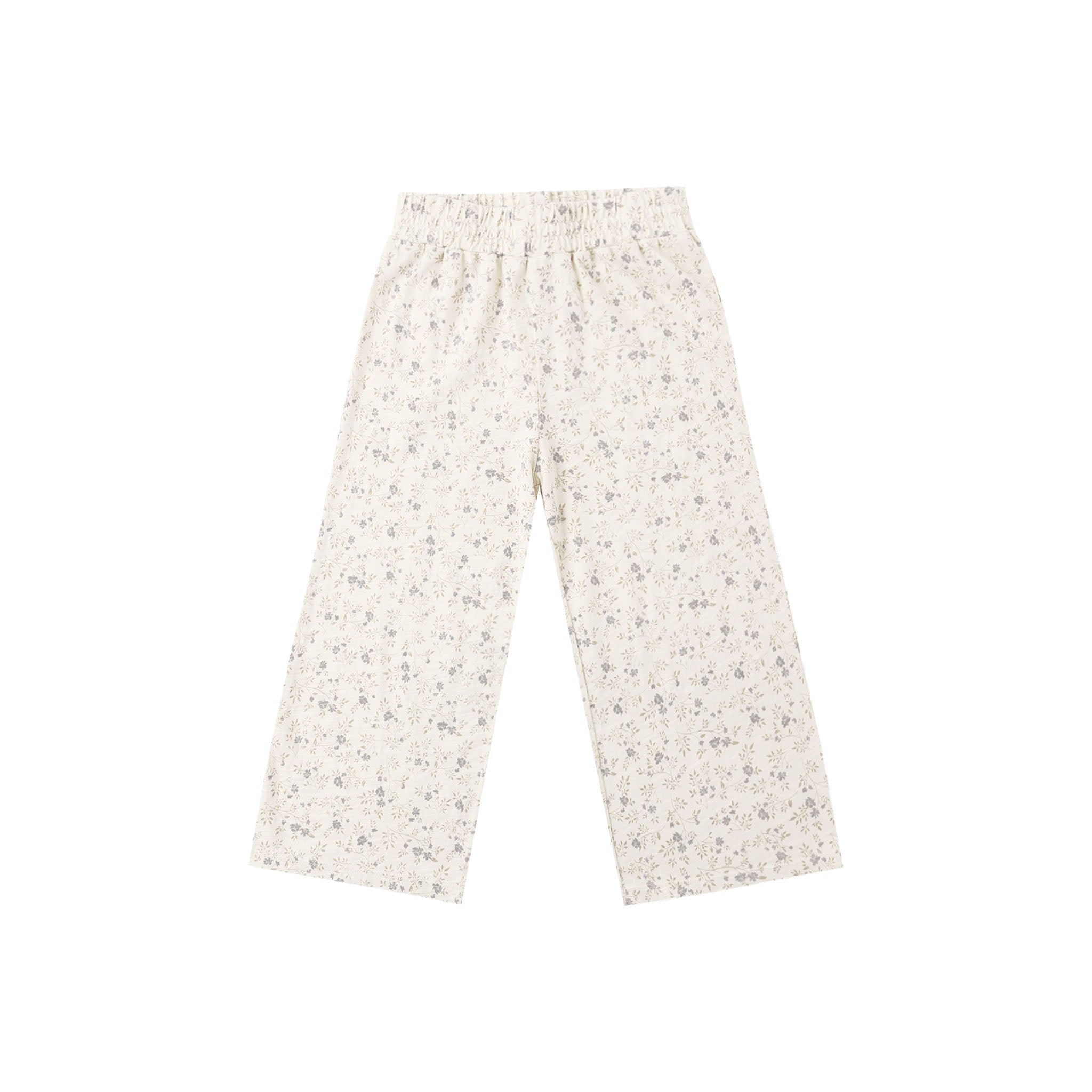 A pair of wide-leg pants in a warm off-white or cream base fabric with a dense, small-scale floral print in muted green and gray tones, shown flat against a solid white background.