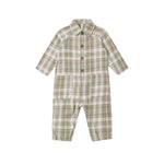 A baby long-sleeve plaid jumpsuit in beige and olive green, featuring a button-up front, collar, and front pockets, shown on a plain white background.