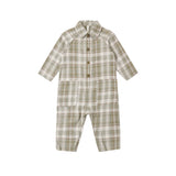 A baby long-sleeve plaid jumpsuit in beige and olive green, featuring a button-up front, collar, and front pockets, shown on a plain white background.