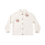 An off-white canvas utility jacket with brown embroidered floral details on the chest, displayed flat against a solid white background.