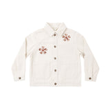 An off-white canvas utility jacket with brown embroidered floral details on the chest, displayed flat against a solid white background.