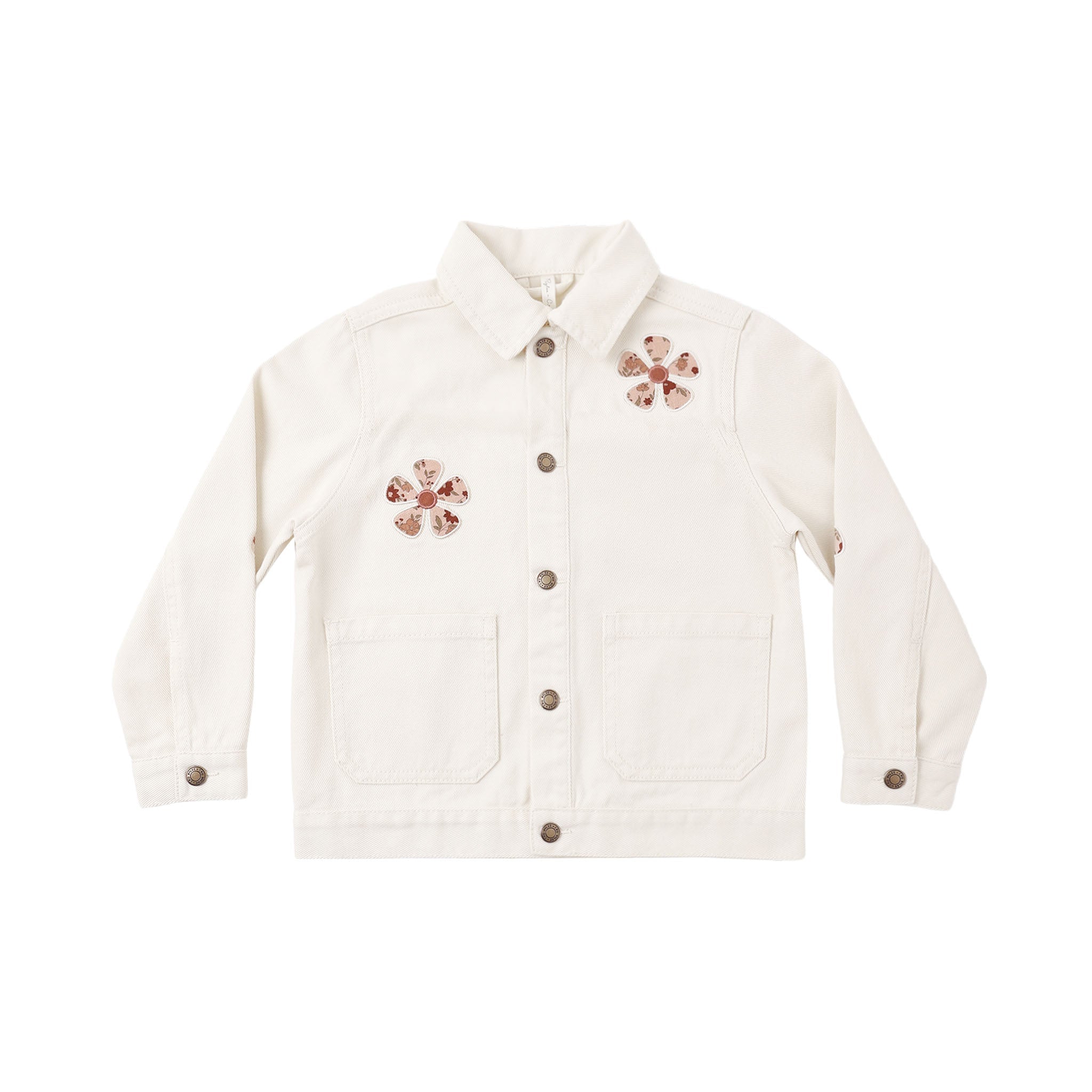 An off-white canvas utility jacket with brown embroidered floral details on the chest, displayed flat against a solid white background.
