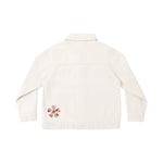 An off-white long-sleeve denim jacket shown from the back, featuring a small embroidered floral design in brown and red near the lower left back.
