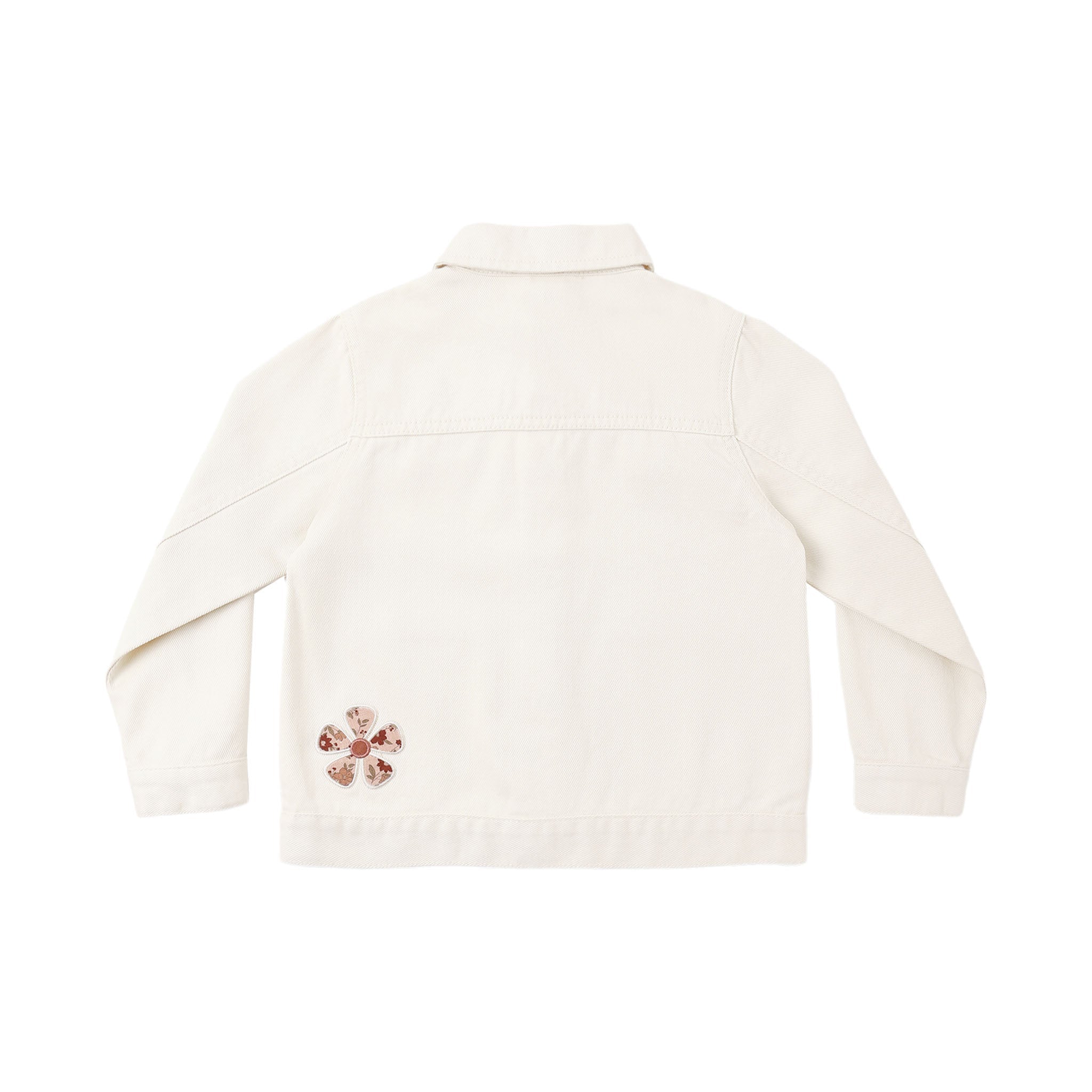 An off-white long-sleeve denim jacket shown from the back, featuring a small embroidered floral design in brown and red near the lower left back.
