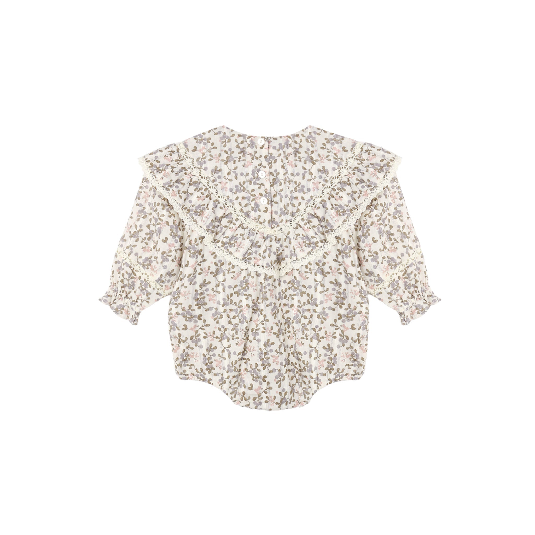 A long-sleeve baby bodysuit with a delicate beige and brown floral print, featuring a large ruffled collar and ruffle trim along the neckline and cuffs, shown flat on a white background.