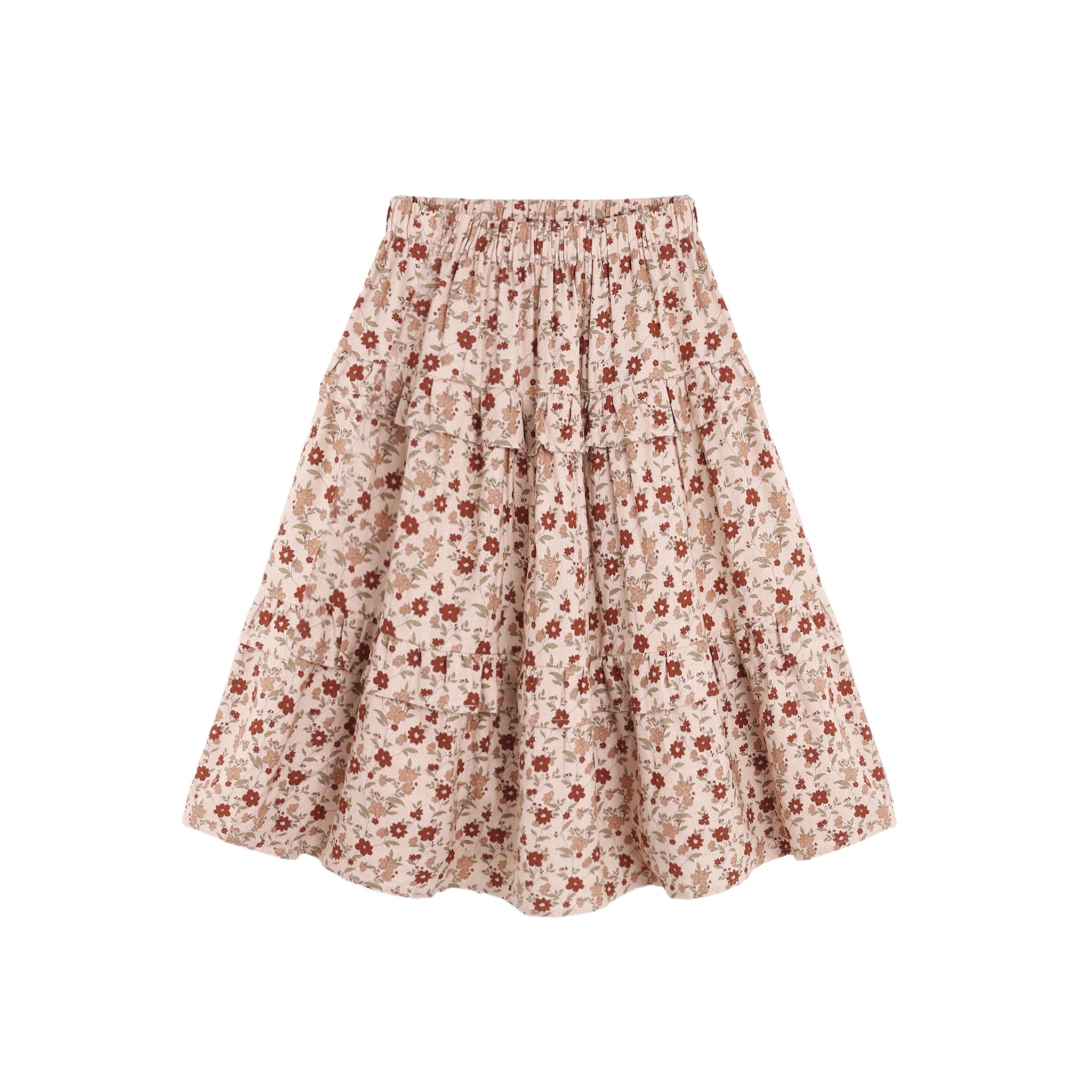 A tiered A-line skirt in a beige and brown floral print, featuring an elastic waistband, shown against a plain white background.