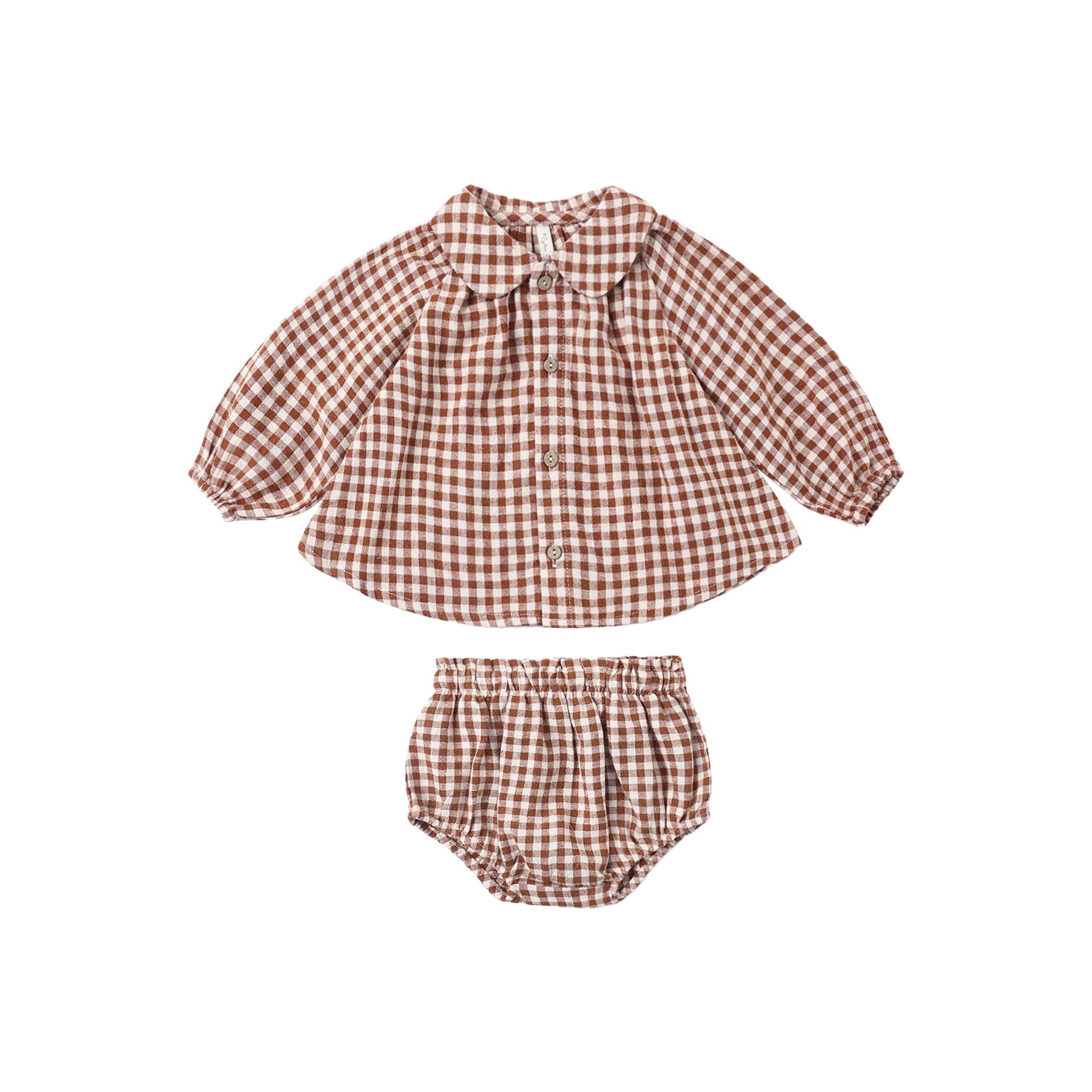 A two-piece baby outfit set featuring a long-sleeve button-up shirt and matching bloomers in a brown and white gingham check pattern, displayed flat on a white background.