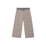 A pair of knit wide-leg pants featuring horizontal stripes in brown, beige, and gray, with a solid gray elastic waistband, shown against a plain white background.
