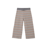 A pair of knit wide-leg pants featuring horizontal stripes in brown, beige, and gray, with a solid gray elastic waistband, shown against a plain white background.